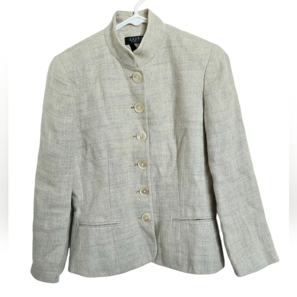 Lauren Ralph Lauren Linen Mandarin Collar Jacket Blazer Women’s 4P Ivory Twill - Picture 2 of 15